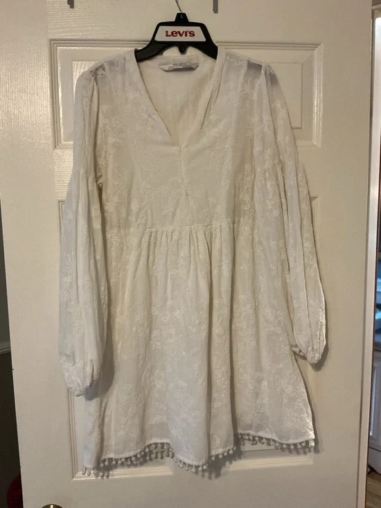 Zara Cream Embroidered Long Sleeve Babydoll Dress Womens Small Cottagecore Fairy - Picture 2 of 13